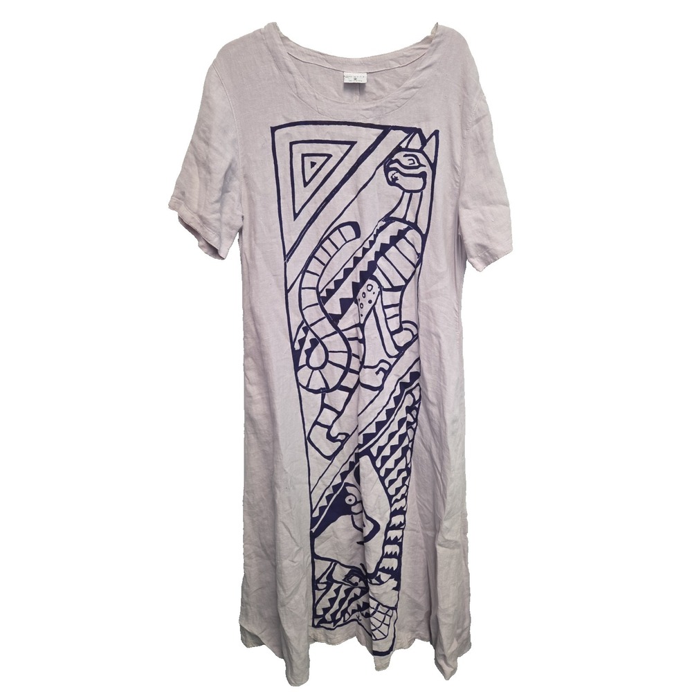 Vintage Click Color Me Linen Dress‎ M Womens Maxi Modest Lagenlook Y2K Graphic